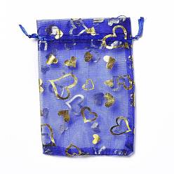 Blue Organza Drawstring Jewelry Pouches, Wedding Party Gift Bags, Rectangle with Gold Stamping Heart Pattern, Blue, 15x10x0.11cm