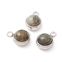 Labradorite Natural Labradorite Charms, with 304 Stainless Steel Findings, Half Round, Stainless Steel Color, 13.5x10x7.5mm, Hole: 2.5mm