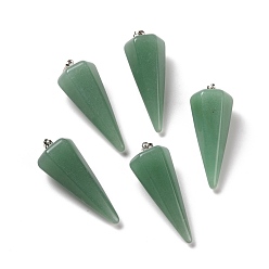 Aventurine Verte Pendentifs naturels aventurine verte, avec les accessoires en laiton plaqués de platine, facette, cône, 35~36x13~14x12~12.5mm, Trou: 2.7x6.5mm