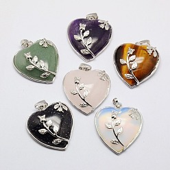 Mixed Stone Heart Natural & Synthetic Mixed Stone Pendants, with Platinum Plated Brass Pendant Settings, 36x31~33mm, Hole: 6mm
