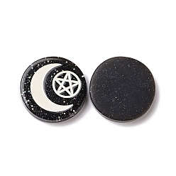 Black Resin Cabochons, with Glitter Powder, Flat Round with Moon & Pentagram Pattern, Black, 29x5.5mm
