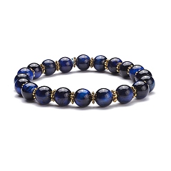 Prussian Blue Natural Tiger Eye Round Beads Stretch Bracelet, Stone Bracelet with Alloy Daisy Spacer Beads for Women, Golden, Prussian Blue, Inner Diameter: 2 inch(5.2cm)
