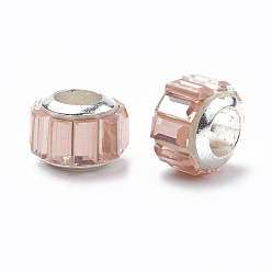 Pink Perles européennes en verre, Perles avec un grand trou   , avec ame en laiton, facette, rondelle, argenterie, rose, 9x7mm, Trou: 5mm