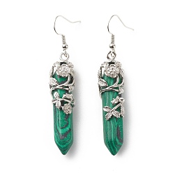 Malachite Synthetic Malachite Bullet with Flower Dangle Earrings, Platinum Tone Brass Jewelry for Women, Cadmium Free & Lead Free, 62~63mm, Pin: 0.6mm