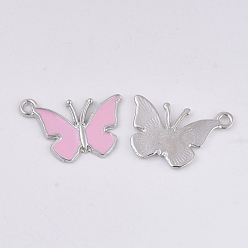 Pink Alloy Pendants, with Enamel, Butterfly, Platinum, Pink, 14.5x21x1.5mm, Hole: 1.8mm