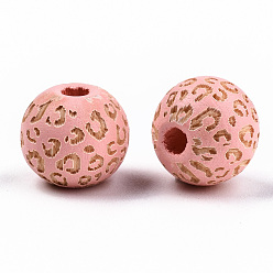 Pink Painted Natural Wood Beads, Laser Engraved Pattern, Round with Leopard Print, Pink, 10x8.5mm, Hole: 2.5mm