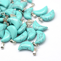 Synthetic Turquoise Moon Dyed Synthetic Turquoise Pendants, with Platinum Tone Brass Findings, 21~24x12~14x5~6mm, Hole: 2x7mm