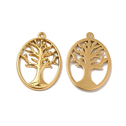 Real 18K Gold Plated Ion Plating(IP) 304 Stainless Steel Pendants, Oval with Tree of Life Charm, Real 18K Gold Plated, 25x18x1mm, Hole: 1.2mm