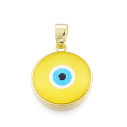 Yellow Glass Pendants, with Golden Plated Brass Findings, Flat Round with Evil Eye, Yellow, 19x16.5x5mm, Hole: 5x3.5mm
