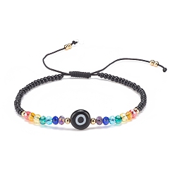 Black Lampwork Evil Eye & Glass Beaded Bracelet, Braided Adjustable Bracelet for Women, Black, Inner Diameter: 2-1/2~3-7/8 inch(6.2~9.7cm)