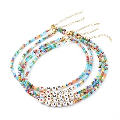 Mixed Color Beaded Necklaces, with Acrylic Beads, Brass Beads, Glass Beads, 304 Stainless Steel Findings & Brass Chain, Word Mon & Love & Happy & Lucky & Smile, Mixed Color, 15.35 inch(39cm)