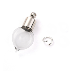 Platinum Glass Bottle Pendants, with Brass Findings, Openable Perfume Bottle, Refillable Bottles, Heart Shape, Platinum, 28.5mm