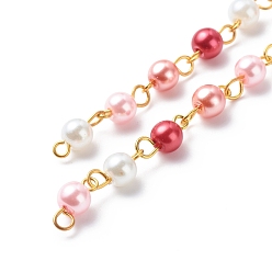 Crimson Handmade Glass Pearl Beaded Chains, with Brass Eye Pins, Unwelded, Crimson, 13x6mm, about 3.28 Feet(1m)/Strand