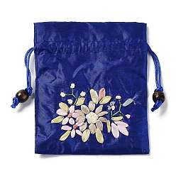 Prussian Blue Flower Pattern Satin Jewelry Packing Pouches, Drawstring Gift Bags, Rectangle, Prussian Blue, 14x10.5cm