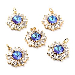Royal Blue Brass Micro Pave Cubic Zirconia Pendants, Long-Lasting Plated, Real 18K Gold Plated with Glass, Snowflake, Royal Blue, 21.2x17.5x6.7mm, Hole: 3.6mm