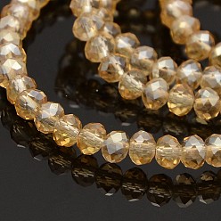 Wheat Pearl Luster Plated Faceted Rondelle Glass Beads Strands, Wheat, 6x4mm, Hole: 1mm, about 85pcs/strand, 16 inch