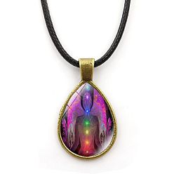 Purple Yoga Theme Alloy Teardrop Pendant Necklace with Wax Rope for Women, Purple, 16.93 inch(43cm)