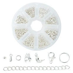 Argent Kit de recherche de fabrication de bijoux de bricolage, y compris les pointes de perles en laiton et la perle à écraser, rallonge de chaîne de fer et anneaux de saut, fermoirs et breloques en alliage de zinc, argenterie