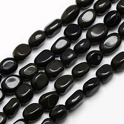 Black Natural Obsidian Nuggets Beads Strands, Tumbled Stone, Black, 8~12x8~12mm, Hole: 1mm, about 34~36pcs/strand, 15.5 inch