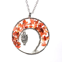 Carnelian Natural Carnelian Chip Owl with Tree of Life Pendant Necklaces, Curb Chain Necklace for Women, 20-7/8 inch(53cm)