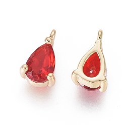 Red Real 18K Gold Plated Brass Charms, with Cubic Zirconia, Teardrop, Red, 8.5x5.5x3.5mm, Hole: 1mm