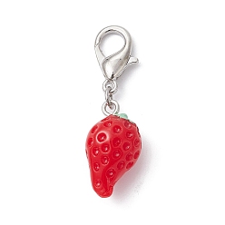 Red Opaque Resin Strawberry Pendant Decoration, with Alloy Lobster Claw Clasps, Red, 39mm