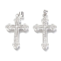 Real Platinum Plated Brass Micro Pave Clear Cubic Zirconia Pendants, Cross, Real Platinum Plated, 32x20x3mm, Hole: 3mm