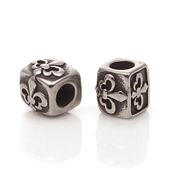 Antique Silver 304 Stainless Steel European Beads, Large Hole Beads, Cuboid with Fleur De Lis, Antique Silver, 7.5x8x7~7.5mm, Hole: 4mm
