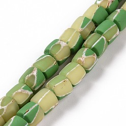 Vert Jaune Brin de perles d'argile de polyester faites à la main, une feuille d'or, colonne, vert jaune, 7x6~6.5mm, Trou: 1.6~2mm, Environ 59~63 pcs/chapelet, 15.55''~16.34'' (39.5~41.5 cm)