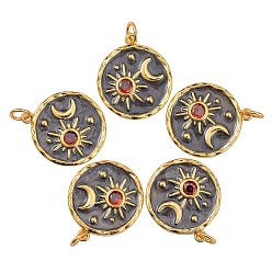 Real 18K Gold Plated 5Pcs Brass Micro Pave Cubic Zirconia Pendants, with Enamel and Jump Rings, Flat Round with Moon & Star, Real 18K Gold Plated, 21x18x3mm, Hole: 3.5mm