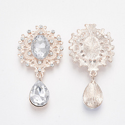 Clear Rose Gold Plated Alloy Cabochons, with Resin Rhinestone and Crystal Glass Rhinestone, Faceted, Oval and Teardrop, Clear, 45x24x5mm