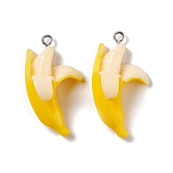 Gold Opaque Resin Pendants, Imitation Food, with Platinum Tone Iron Loops, Banana, Gold, 35x19x12mm, Hole: 2mm