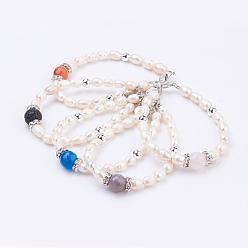 Mixed Stone Freshwater Pearl Bracelets, Natural Mixed Stone, with Alloy Finding and Brass Finding, 7-1/2 inch(190mm), 6mm