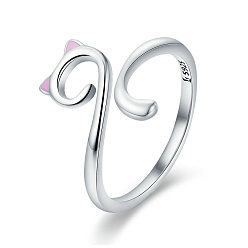 Pink Adjustable 925 Sterling Silver Enamel Finger Cuff Rings, Open Rings, with 925 Stamp, Cat, Pink, 2~12mm