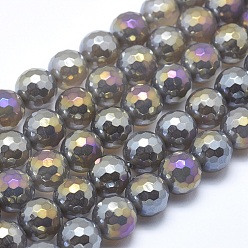 Gray Electroplated Natural Agate Beads Strands, Round, Faceted, Gray, 6mm, Hole: 1mm, about 64~65pcs/strand, 15.1~15.5 inch(38.5~39.5cm)