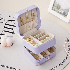 Lila Caja de almacenamiento de joyas cuadrada de cuero pu de doble capa, Estuche organizador de joyas de viaje portátil para collares, pendientes, anillos, lila, 9.5x9.5x8 cm