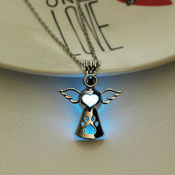 Aciano Azul Collar con colgante de jaula de ángel de aleación con cuentas de plástico luminosas, joyas que brillan en la oscuridad para mujer, azul aciano, 17.72 pulgada (45 cm)