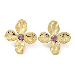 Amethyst Natural Amethyst Flower Stud Earrings, Real 18K Gold Plated 304 Stainless Steel Earrings, 32.5x30mm