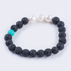 Lava Rock Natural Lava Rock Stretch Bracelets, with Pearl Beads and Synthetic Turquoise, 2-1/8 inch(53mm)