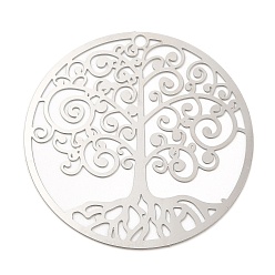 Stainless Steel Color 201 Stainless Steel Filigree Pendants, Etched Metal Embellishments, Flat Round with Tree of Life Charm, Stainless Steel Color, 35x0.2mm, Hole: 1.8mm
