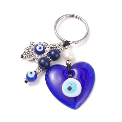 Cœur Porte-clés en lapis-lazuli naturel et perles d'eau douce, porte-clés mauvais œil, avec 304 accessoires en acier inoxydable, motif de coeur, 7.4 cm