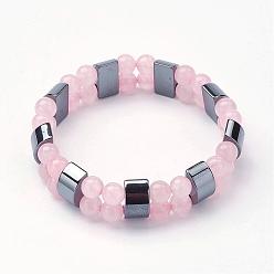 Rose Quartz Natural Rose Quartz Stretch Bracelets, with Non-Magnetic Synthetic Hematite Beads, 2 inch(51mm)