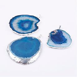 Dodger Azul Ágata natural de los colgantes grandes, con fornituras de latón, pepitas, el color plateado de plata, azul dodger, 59~91x32~65x3~6 mm, agujero: 5x7 mm