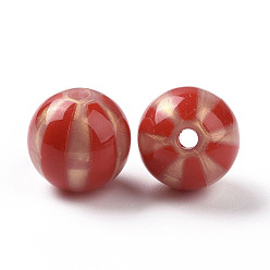 Cramoisi Perles acryliques opaques, poudre de scintillement, rond avec motif à rayures, cramoisi, 15.5x15mm, Trou: 3mm