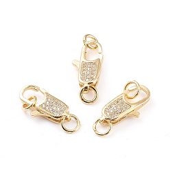 Real 18K Gold Plated Brass Micro Pave Clear Cubic Zirconia Lobster Claw Clasp, with Jump Rings, Long-Lasting Plated, Real 18K Gold Plated, 16x8x4mm, Hole: 3.2mm