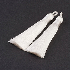 Белый Нейлон кисточки большие украшения кулон, белые, 83~92x9~10 мм, отверстие : 1.5~4 мм