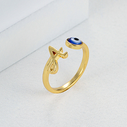 Синий Золотые латунные кольца с открытой манжетой с буквой А, кольцо от сглаза, синие, внутренний диаметр: 16~18 мм
