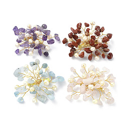 Mixed Stone Natural Mixed Gemstone Chips & Pearl Beaded Flower Brooch Pin, Golden 304 Stainless Steel Wire Wrap Lapel Pin for Women, 45~55x55~60x10mm