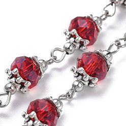 Rouge Main chaînes de perles de verre, avec des chapeaux de perles en alliage de style tibétain, perles intercalaires en fer et pinces à oeil en fer, non soudée, rouge, 39.37 pouce (1 m), lien: 7.5x20.5 mm, 1 m / chapelet