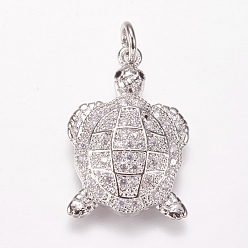 Clear Brass Micro Pave Cubic Zirconia Pendants, Tortoise, Platinum, Clear, 21x14x4mm, Hole: 3mm